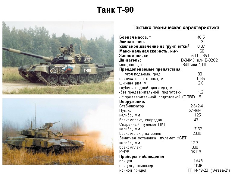 Танк Т-90 Тактико-техническая характеристика     Боевая масса, т   